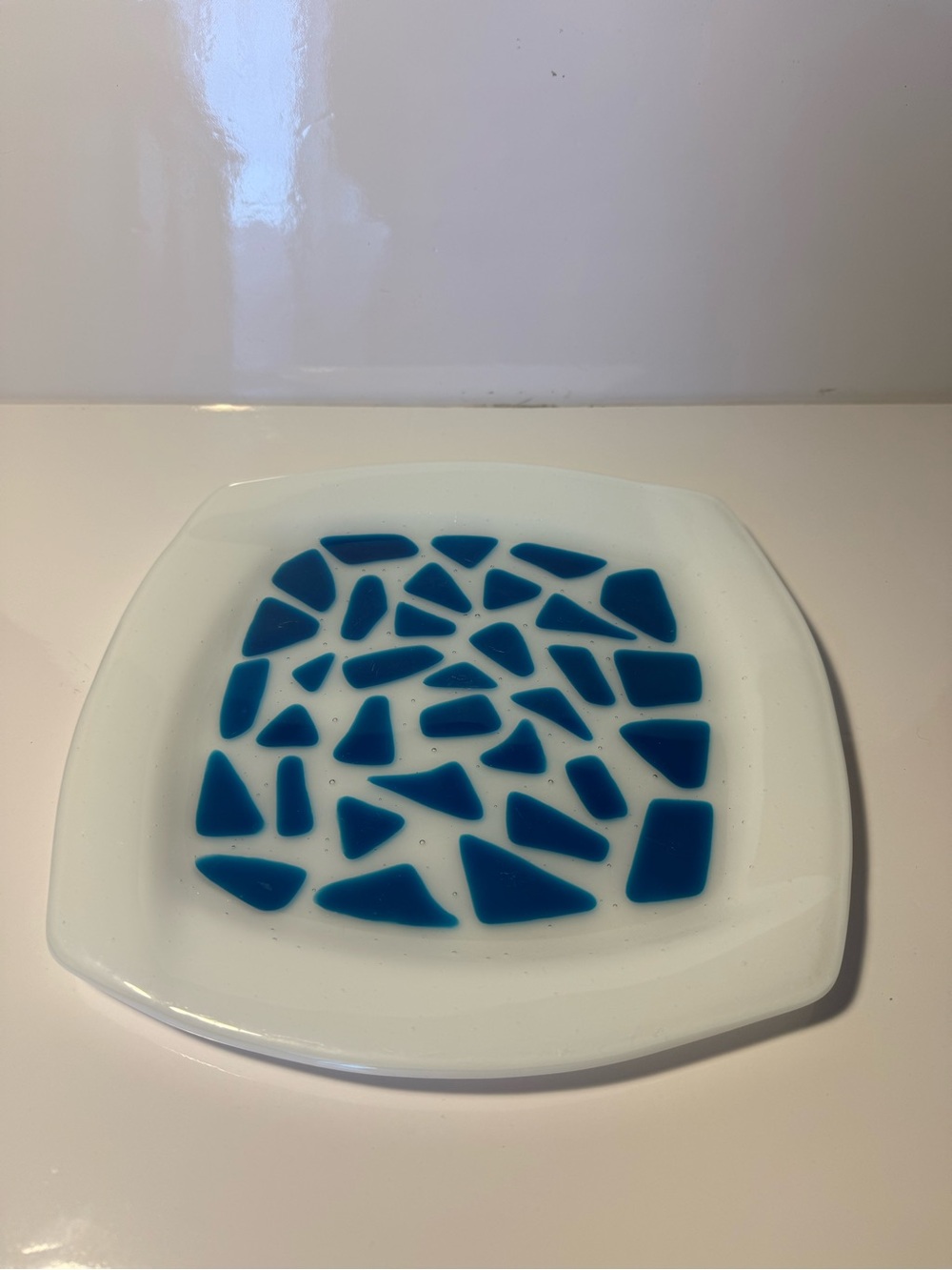 Fused Art Glass Plate Blue White Bubble Design 10” Decor Beach Plate